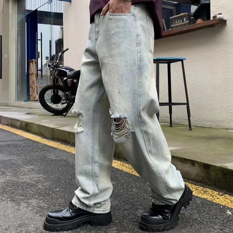 Flash diamond Ripped Baggy Mens Jeans Vintage Crystal Blue Full Denim Pants Straight Leg Trousers For Male 240828
