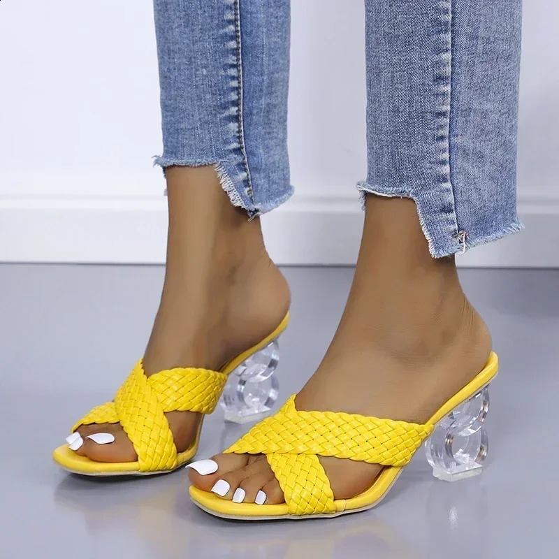 Transparent and strange high-heeled sandals for womens summer plus size 35-43 woven womens slippers fashionable yellow open shoelaces 240827