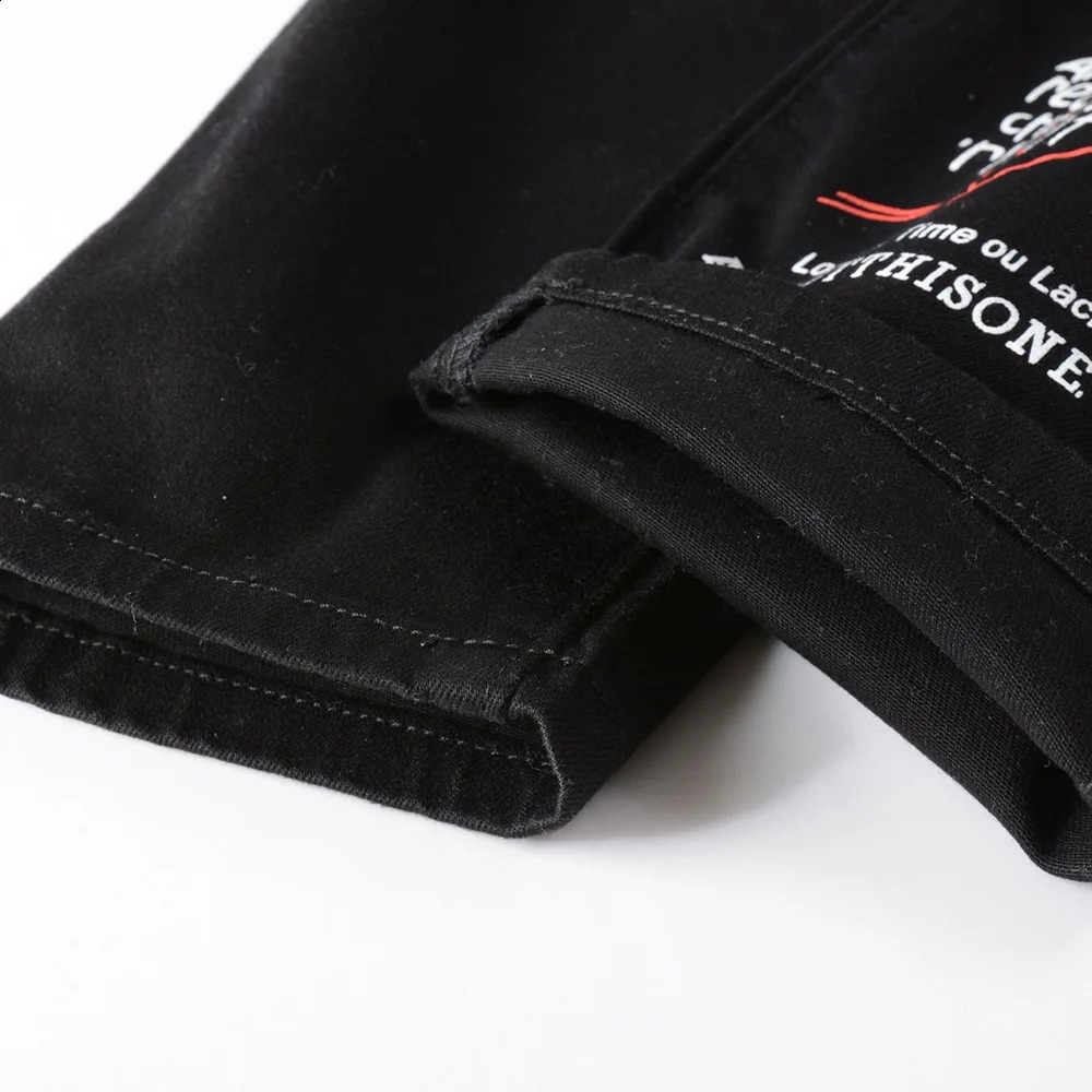 Mens letter embroidered printed jeans streetwear ultra-thin straight stretch jeans black and white holes ripped Trouser 240829