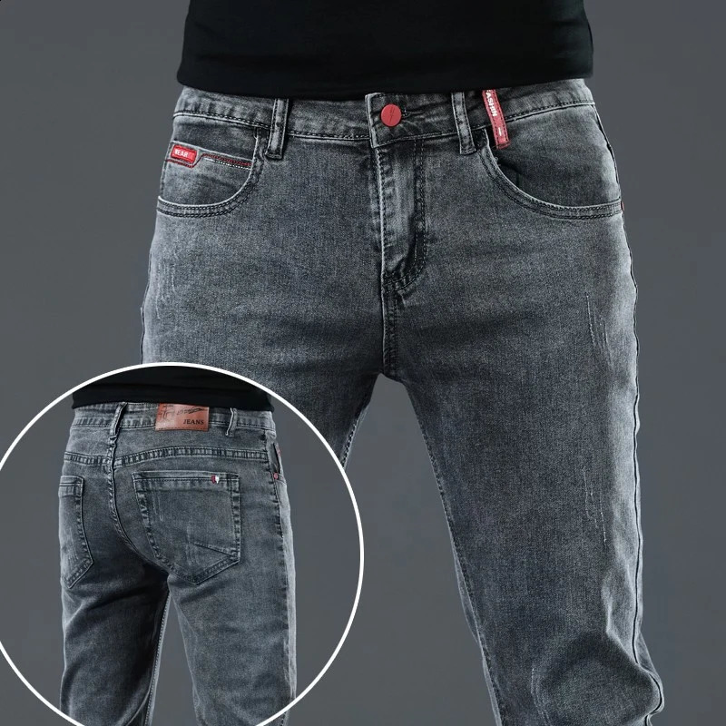 Mens Grey Korean Slim Fit Stretch Jeans Fashion Skinny Men Casual Classic Cotton Youth Pencil Denim Trousers 240826Z