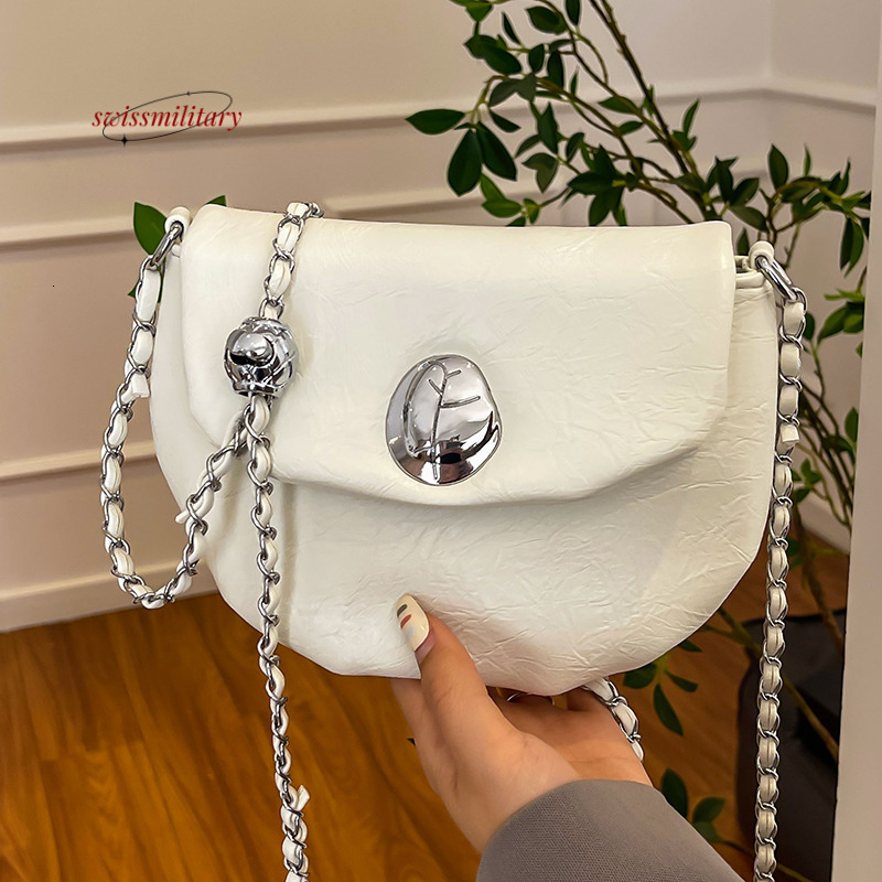 Swissmilitary Silver pleated for women 2024 new niche design chain shoulder crossbody bag, high-end and fashionable saddle bag #27