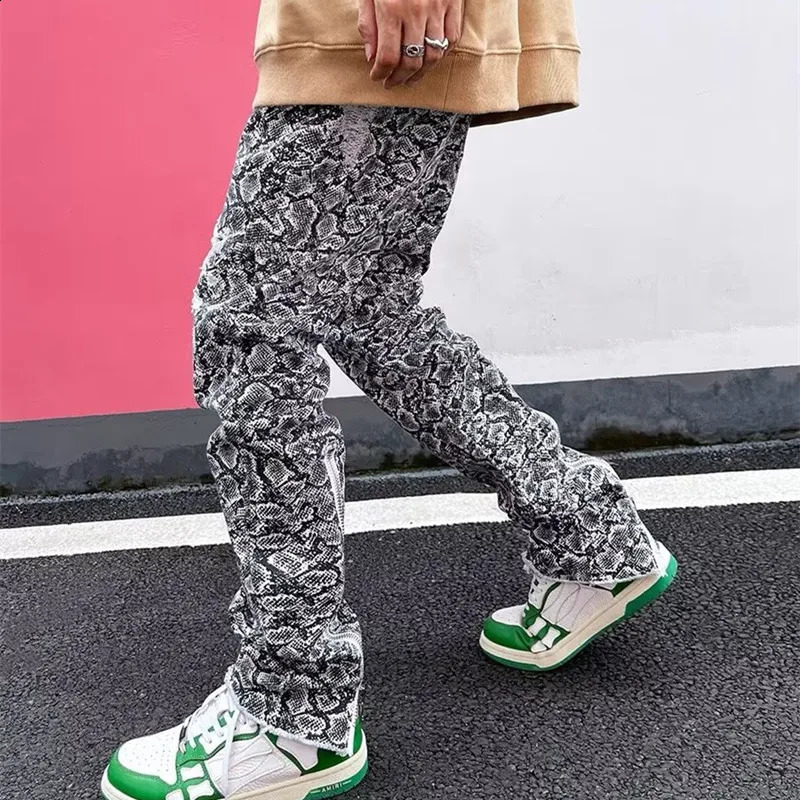Y2K Streetwear Snake Graphic Baggy Zipper Ripped Jeans Pants For Men Clothing Straight Cotton Long Trousers Pantalon Homme 240828