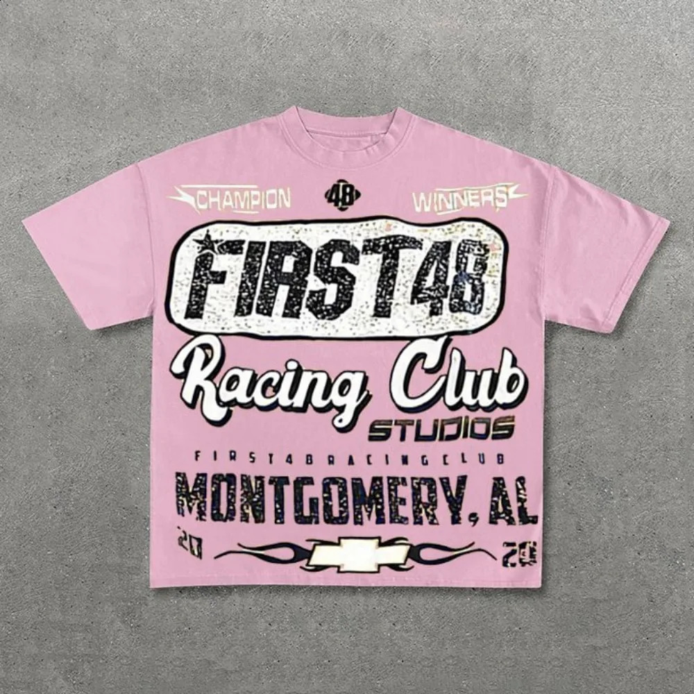 First48 Racing Club Retro Printed Pattern Cotton Tshirt Mens Y2K Short Sleeve Oversized Womens Top 240828