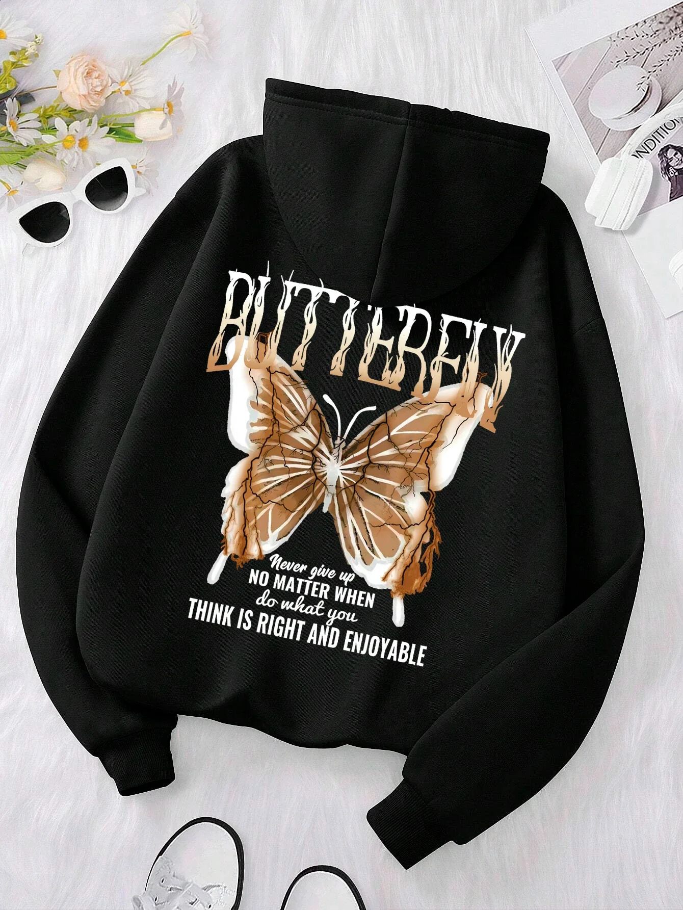Womens Fashion Casual Trendy Sweater Outdoor Loose Sports Printed Butterfly Hoodie Size S3XL 240827