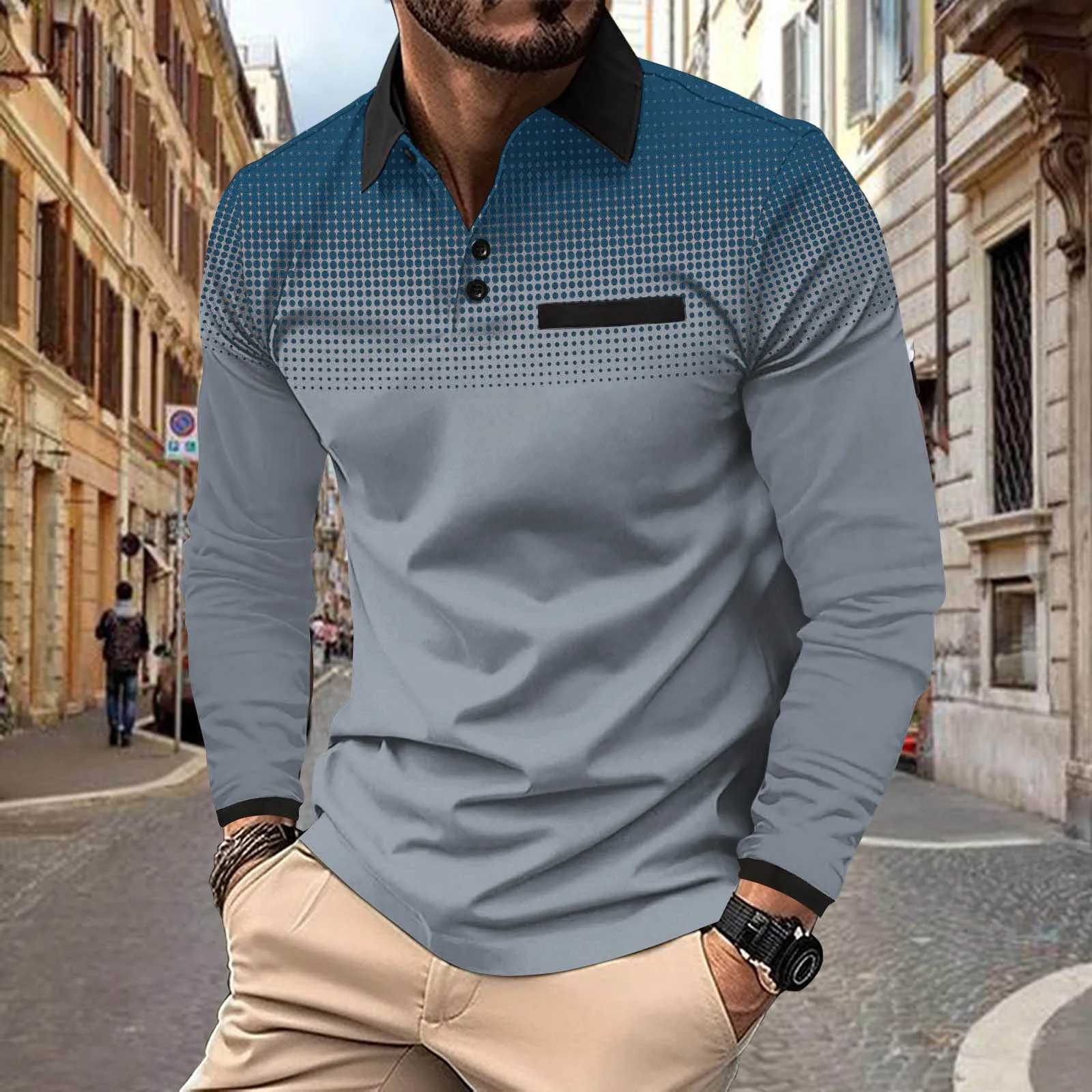 New spring/summer mens casual gradient color digital printing polka dot lapel button sport long Sve top W241106