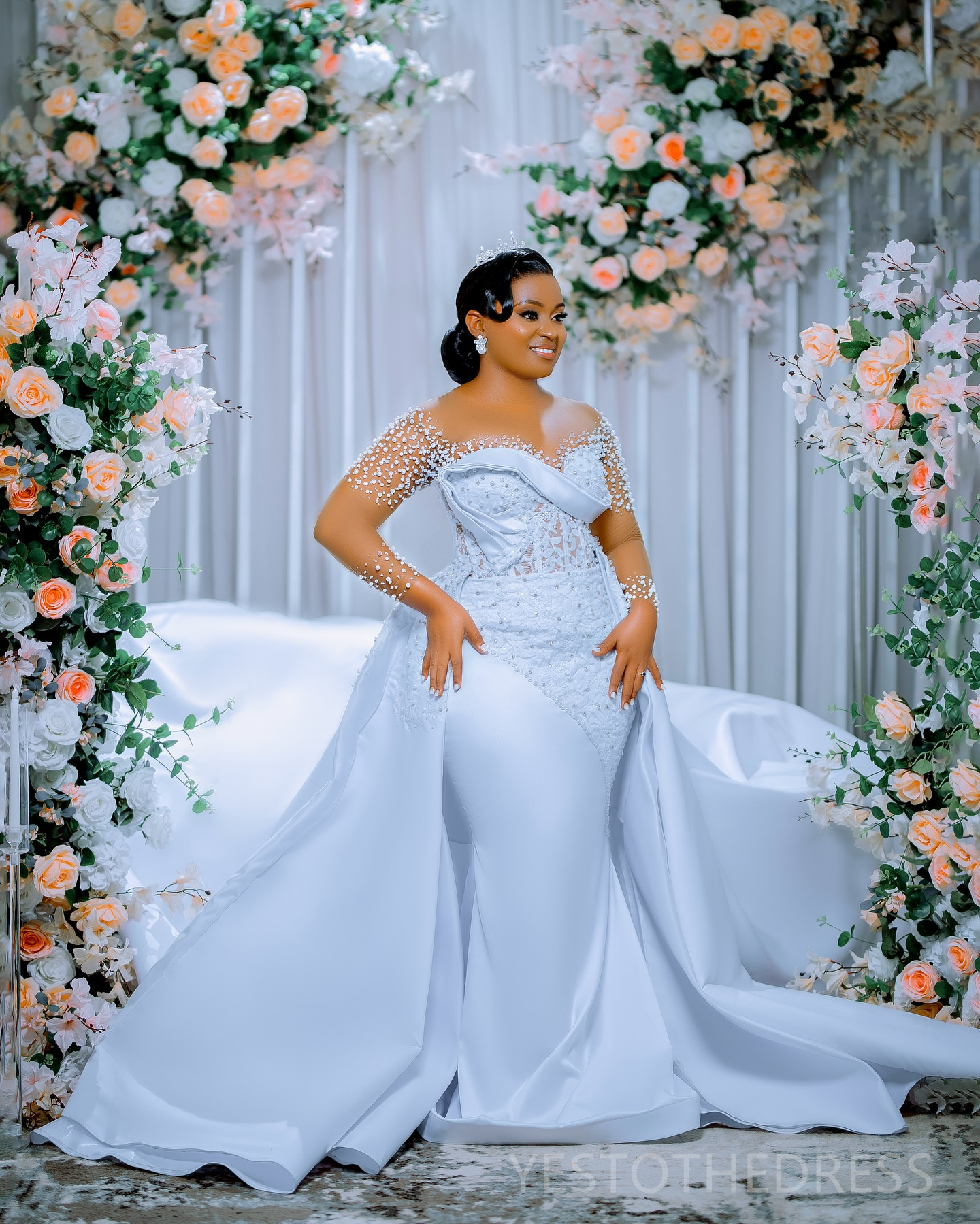 R&W 2024 Plus Size Bride With Detachable Train Mermaid Wedding Dress Bridal Gowns Sheer Neck Long Sleeves Beaded Lace Marriage Gown For Women D287