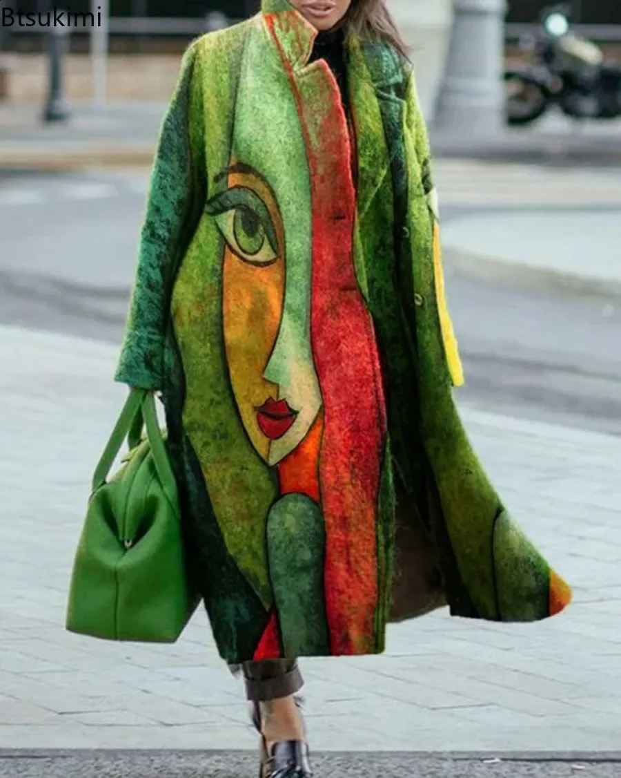 Spring/Summer Autumn Womens Coat Matching Plain Long Sleeve Collar Coat Printed Wool Coat Womens Coat 240828