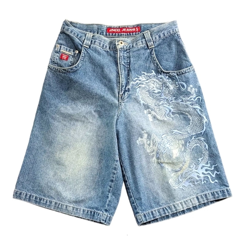 Harajuku Y2K dragon shorts loose denim baggy jeans 2024 retro streetwear gothic wideleg Skateboard pants 240828