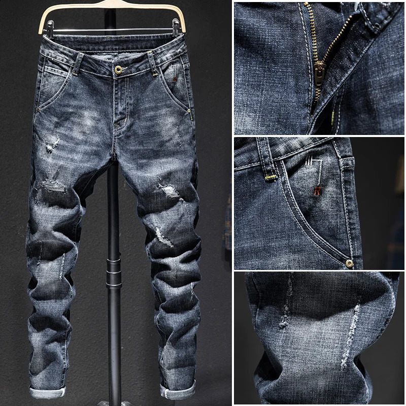 Frayed Stretch Jeans Mens Ripped Korean Fashion Slim Casual Elastic Holey Vintage Small Feet Denim Trousers 240826Z