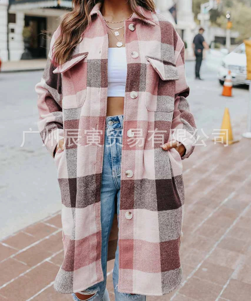 Plain weave jacket womens wool long coat autumn blend classic Tatar Y2k jacket with pockets Y2k Maxi windproof jacket 240828