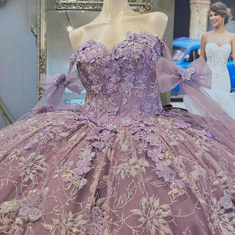 Lilac Off The Shoulder Sequined Crystal Lace Ball Gown Quinceanera Dresses 3D wers Ribbons Bow Corset Vestidos 15 De XV Anos