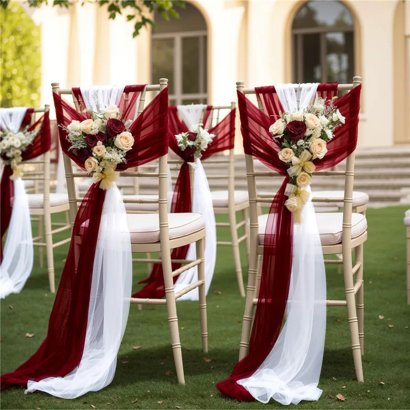10PCS 17x250cm Wedding Chair Sashes Setting Sage Green Chiffon Gauze Sheer Vintage Birthday Party Festival Birthday Aisle Decor 240829