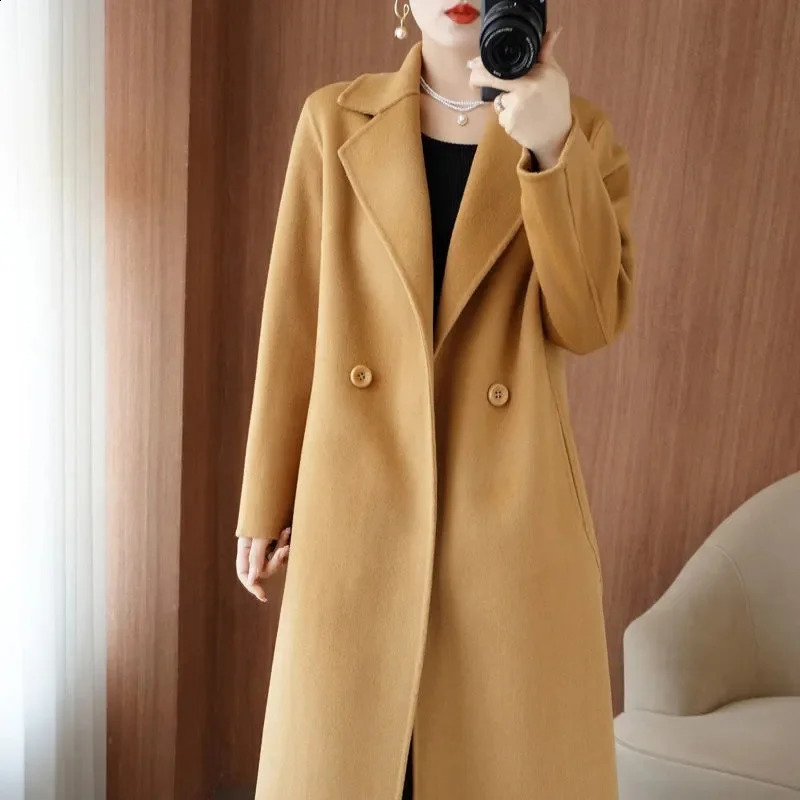 Long sleeved double-sided cashmere womens jacket spring and autumn wool blend womens jacket medium and long wool womens jacket 240828