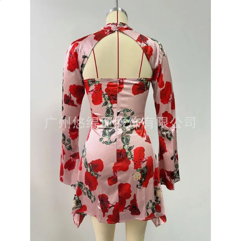 Womens Hollow Sexy Flower Printed Party Dress Clothing Fashion Long Sleeve Sweet Mini 240828