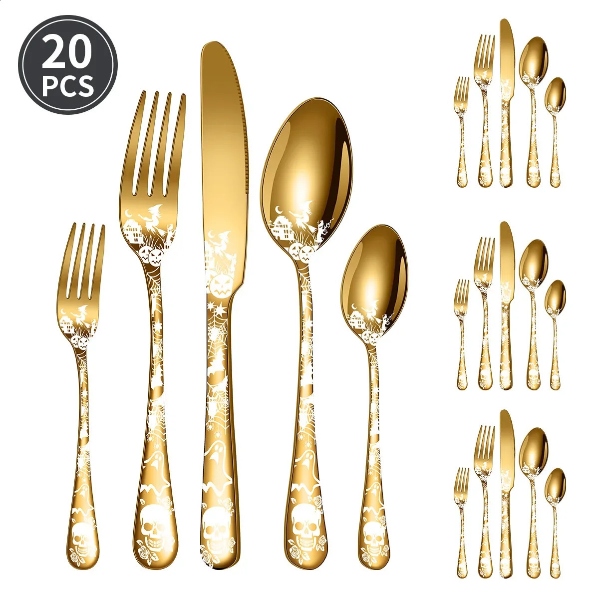 Halloween themed stainless steel tableware Western knife fork and spoon set skull patterned tableware set 240829