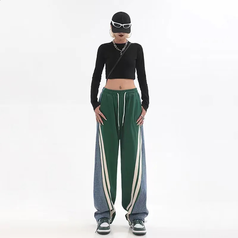 Womens early spring waist contrasting color drawstring tied sports pants long leg straight tube womens Trouser