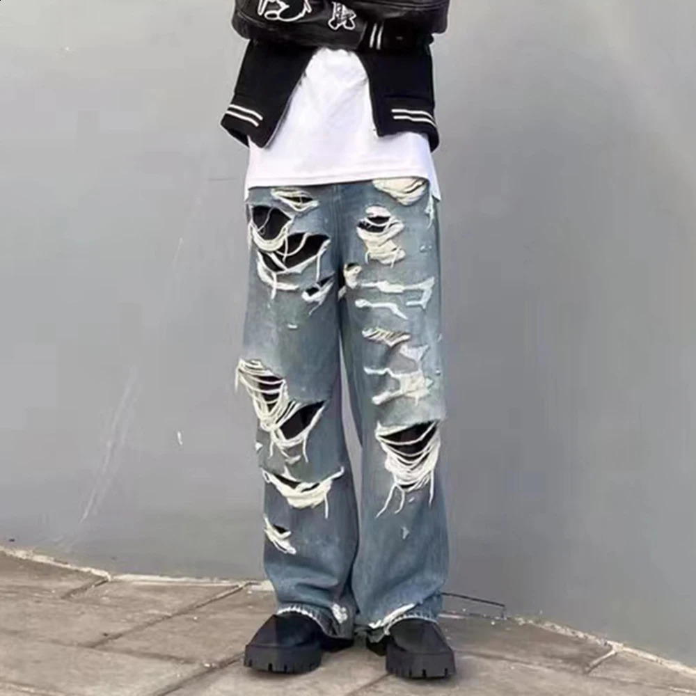 Distressed Washed Blue Baggy Wide Leg Jeans for Men and Women Frayed Casual Denim Trousers Oversized Loose Cargo Pants 240826Z