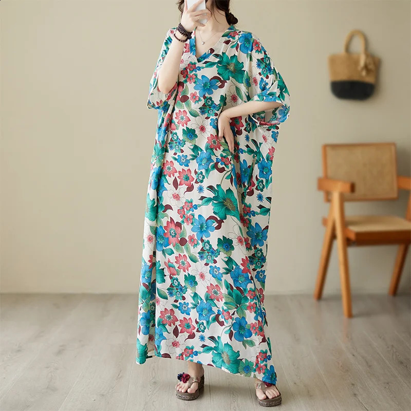 Wxw6513 Summer Printed Long Dress Loose Pocket Retro Floor Length Womens Thin Beach Cotton 240828