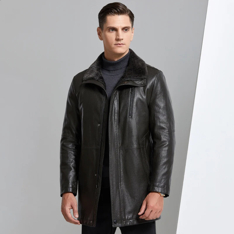 YN8819 fur integrated mens leather jacket medium length thick natural sheepskin collar family casual factory direct sales 240828