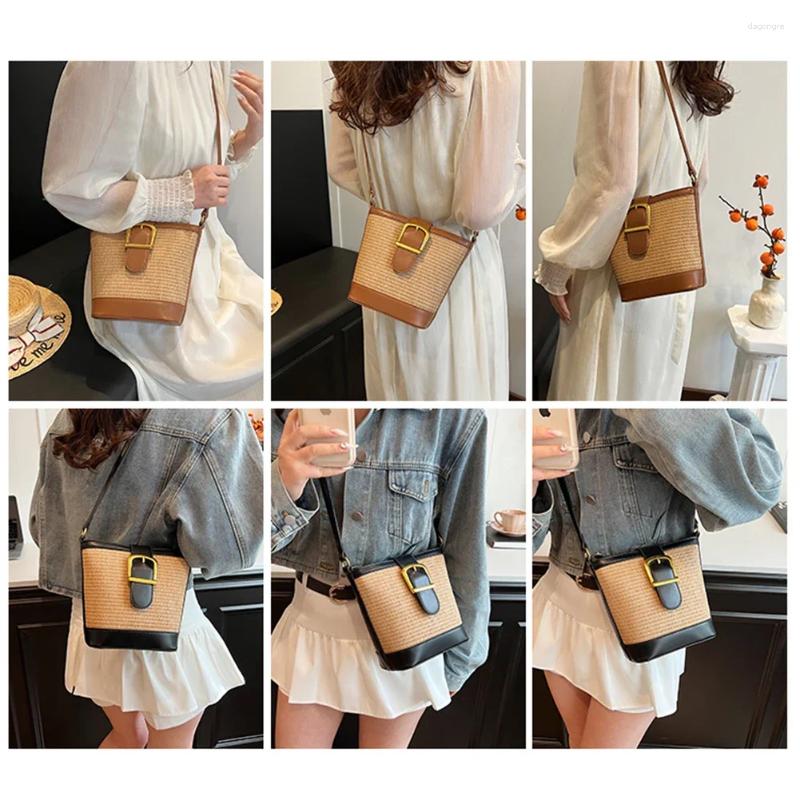 Bag Women Crochet Bucket Patchwork Daily Straw Adjustable Strap Crossbody Ladies Summer b49c