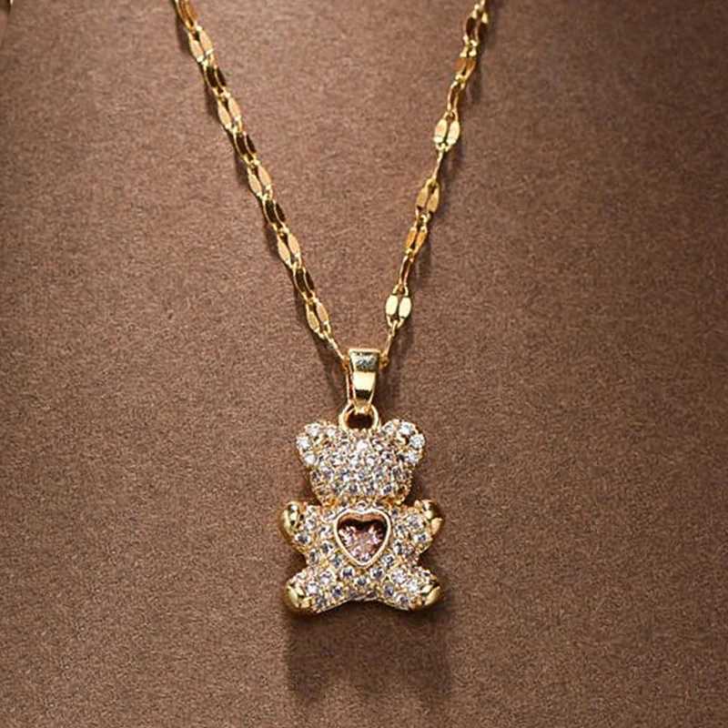 Sparkling cute bear pendant necklace suitable for women gold titanium stainless steel necklace chain link womens jewelry gift W240828