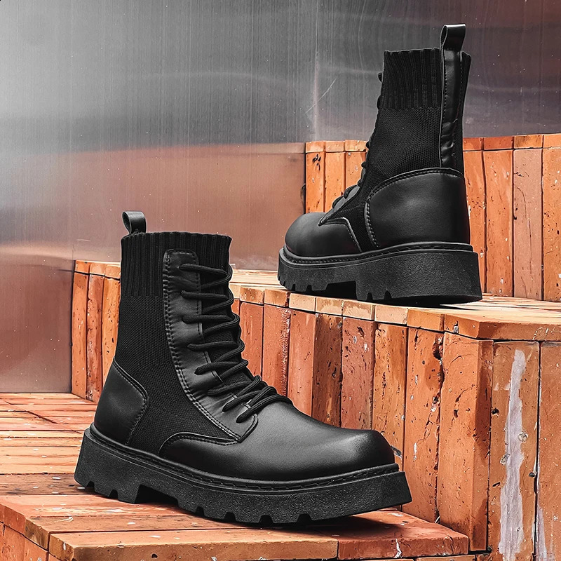Mens Boots Toog Ankle Sock Boot Full Black High Top Leather Casual English Young Fashion Vitality Anti-wear Mans Footwear 240828