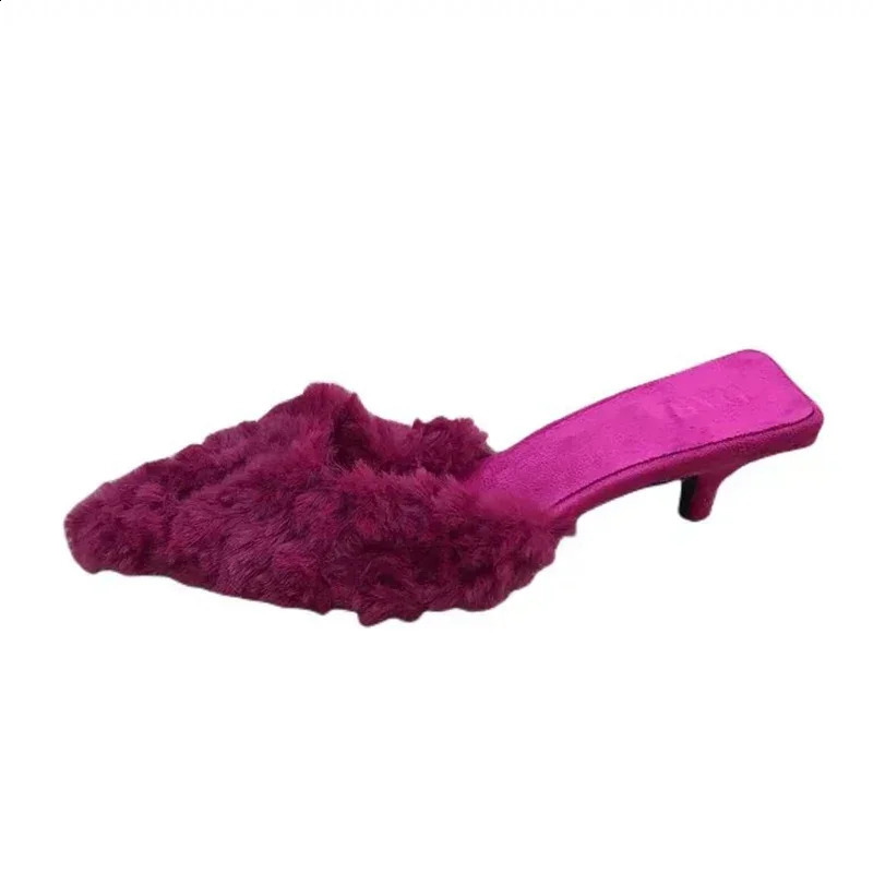 Winter womens fur slider warm mule shoes casual boots 2024 Pointed Toe plush sling flip cotton boots 240827