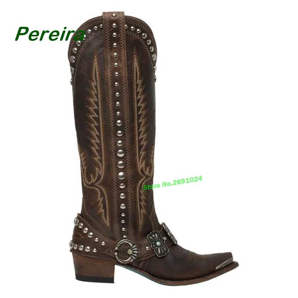 Embroidered Cowboy Square Toe Chunky Heels Metal Decorative Knee Boots Casual Winter Latest Size 46 Womens Y240829IEN2