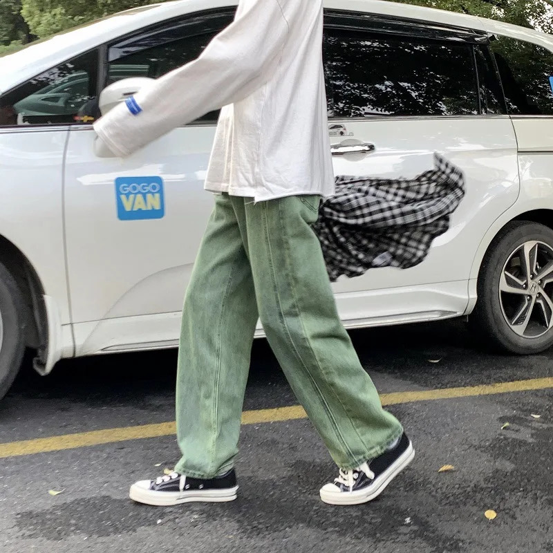 Mens fashionable straight jeans green streetwear hip-hop skateboarding casual wide leg young mens Harajuku style jeans 240829