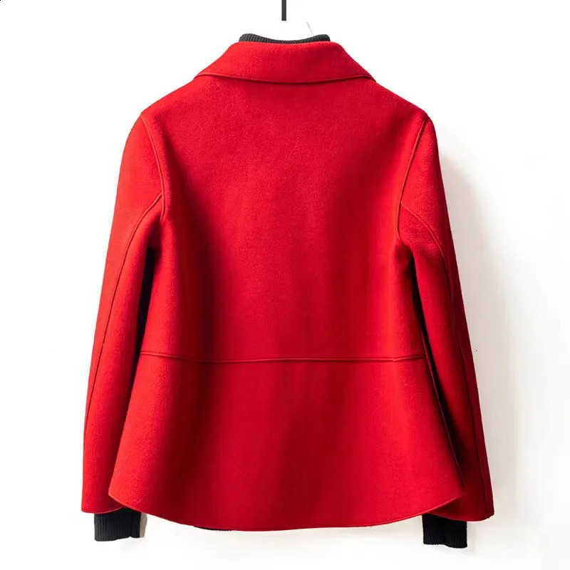 autumn and winter double-sided wool coat womens segmented doll collar short wool coat black open collar wool coat womens coat 240828
