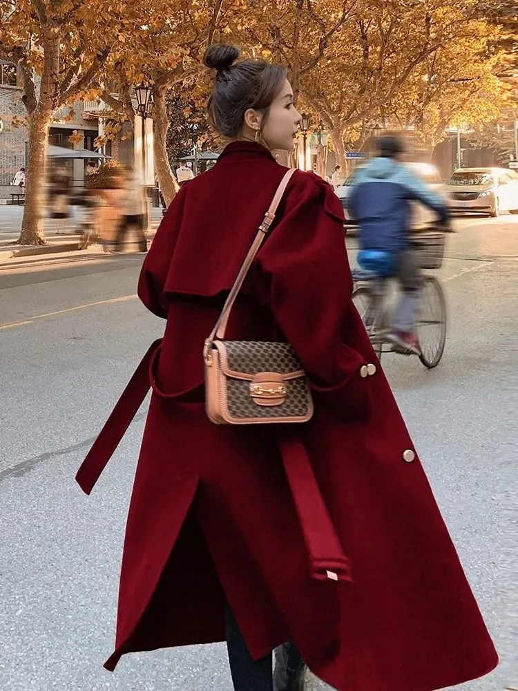 Advanced wool coat womens autumn winter button double-layer breathable long sleeved mid length knee length wool coat 240828