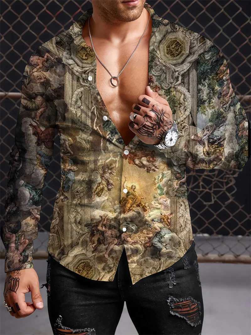 2023 Retro Mens Long Sleeve Shirt Pattern Polo Top Luxury Fashion Casual Apparel S-5XLXJ240828