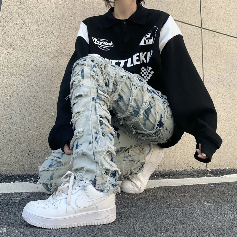 Casual Tie Dye Jeans Men and Women Straight Pants Streetwear Ripped Hole Washed Baggy Haruku Denim Trousers 240828