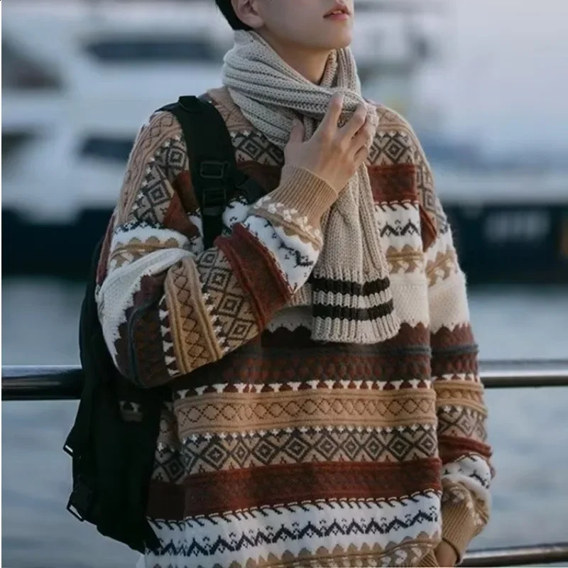 Christmas Sweater Autumn/Winter Round Neck Japanese Retro Stripe Knitted Sweater Lazy Loose Pulling 240829