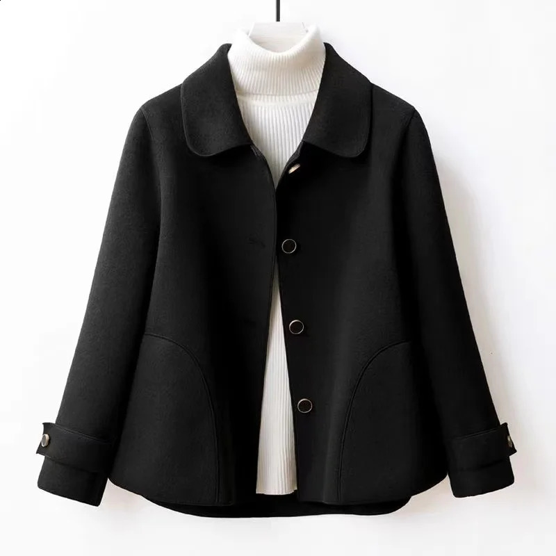 autumn and winter double-sided wool coat womens segmented doll collar short wool coat black open collar wool coat womens coat 240828