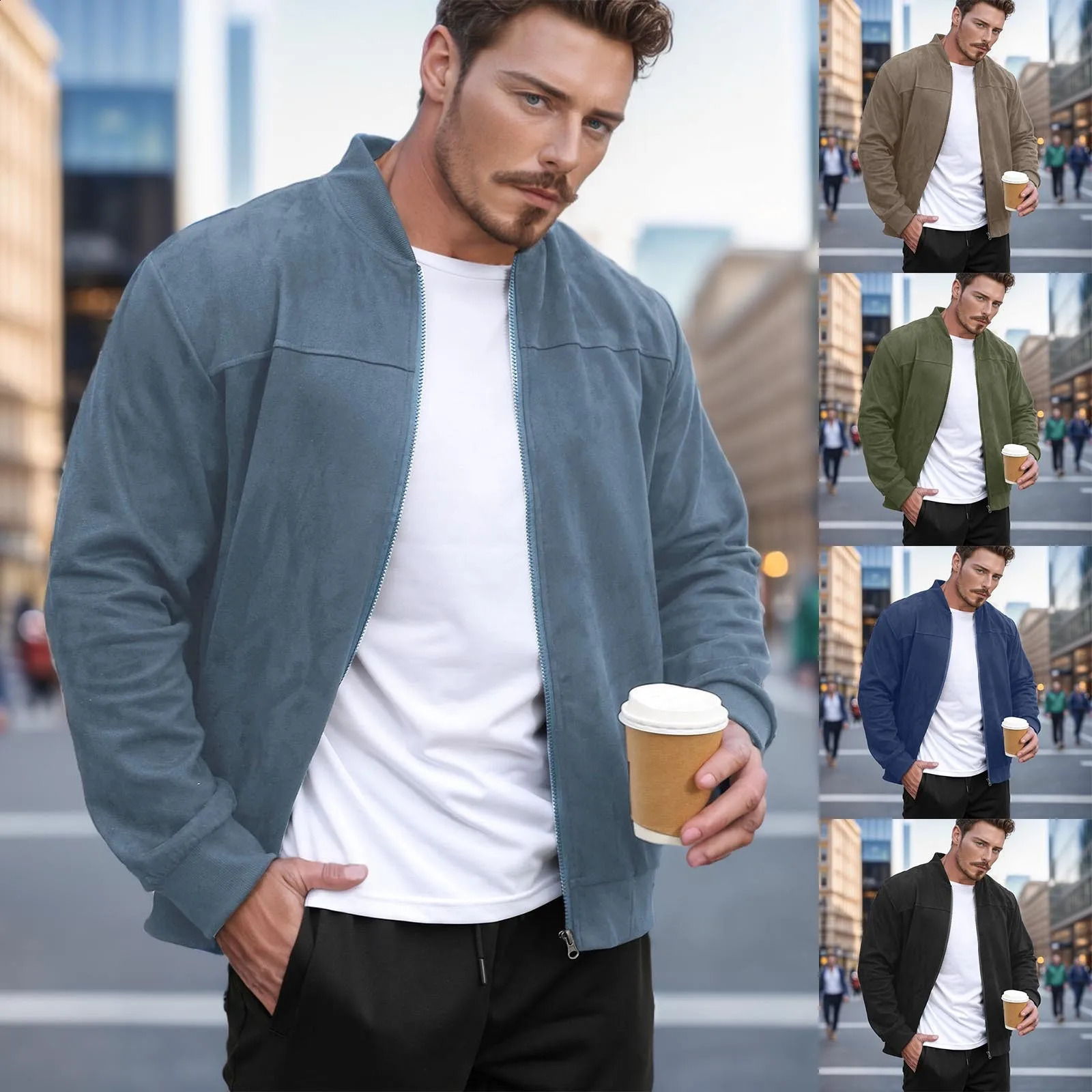 Mens solid color suede lightweight stand up collar zipper cardigan jacket casual loose business comfortable trendy 240829