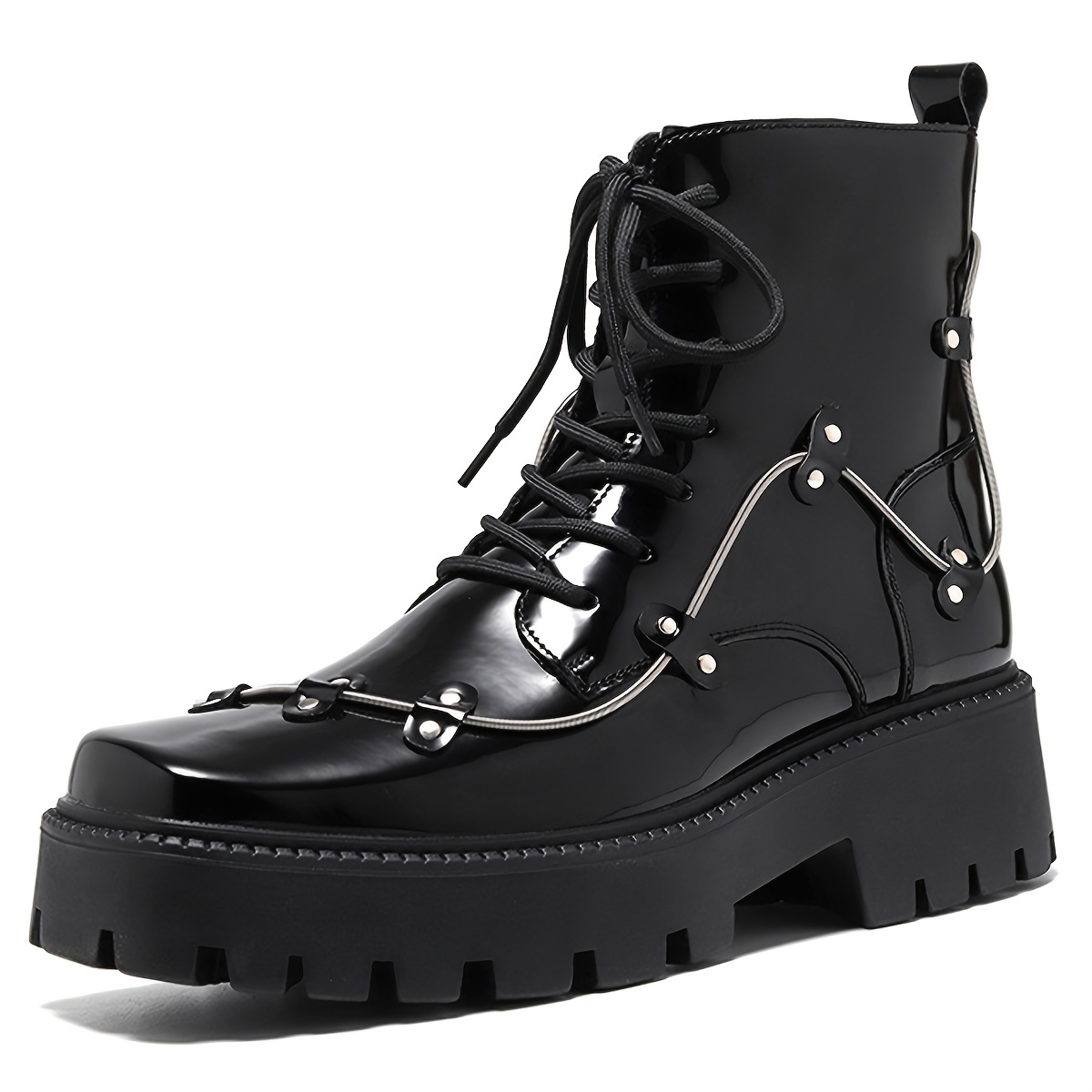 Fashion Shiny Square Toe Platform Boots Leather Boots Martin Boots - Lace Up Casual Walking Shoes - Super Comfortable and Easy to Clean