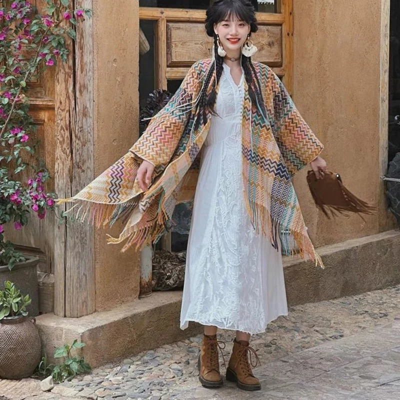 Poncho Knitted Cloak Ethnic Style Capes Tassel Cardigan Sweater Loose Oversized Shawl Wraps Vintage Striped Women Travel Coat 240828