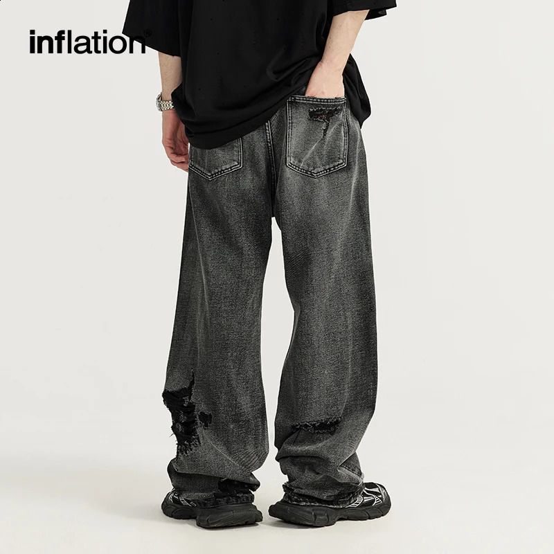 INFLATION Washed Ripped Distressed Jeans Men Streetwear Hip Hop Holes Denim Pants 240828