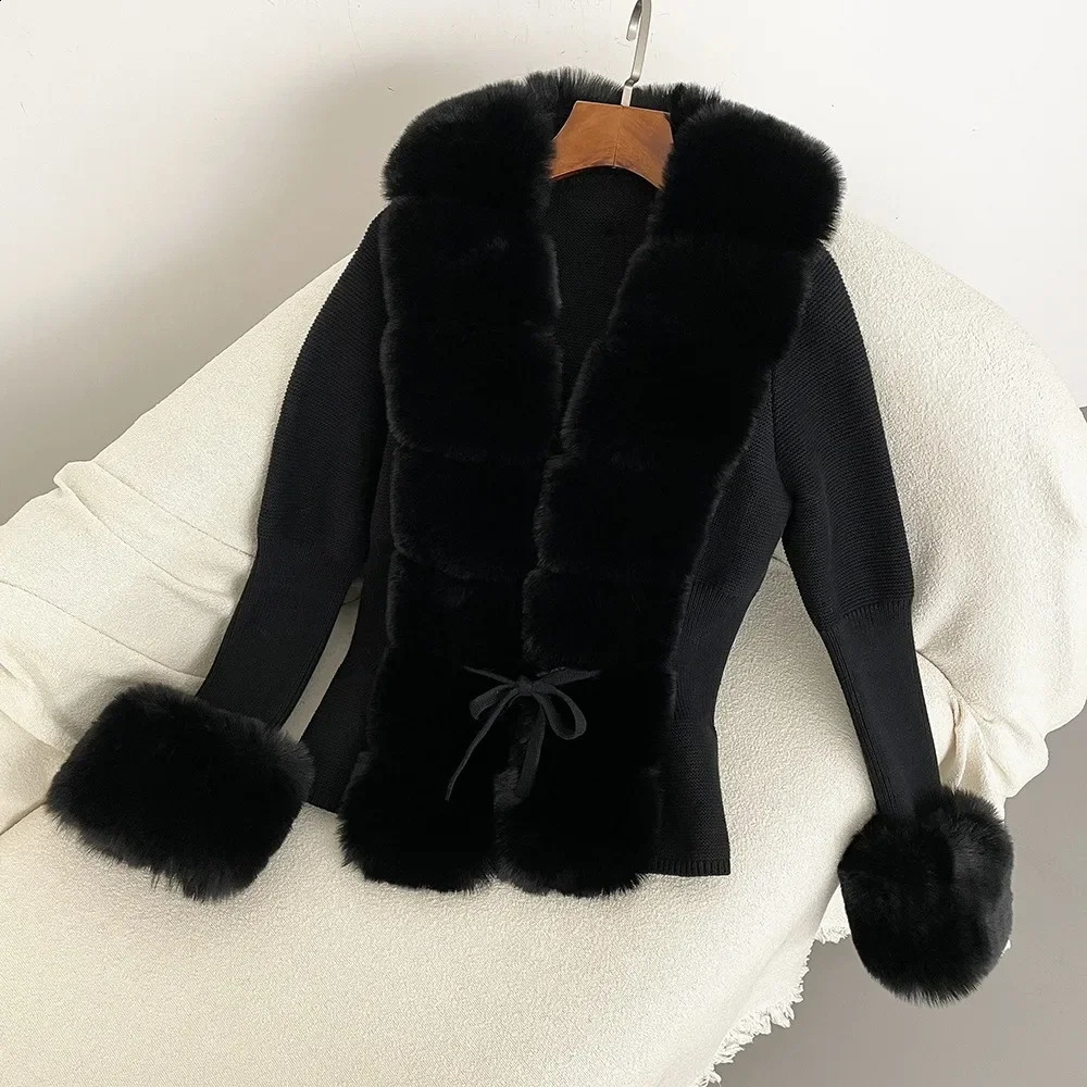 Luxury Fur Cardigan Knitted Winter Sweater Womens Elegant Detachable Leather Belt White Pink Black 240828 - view 6