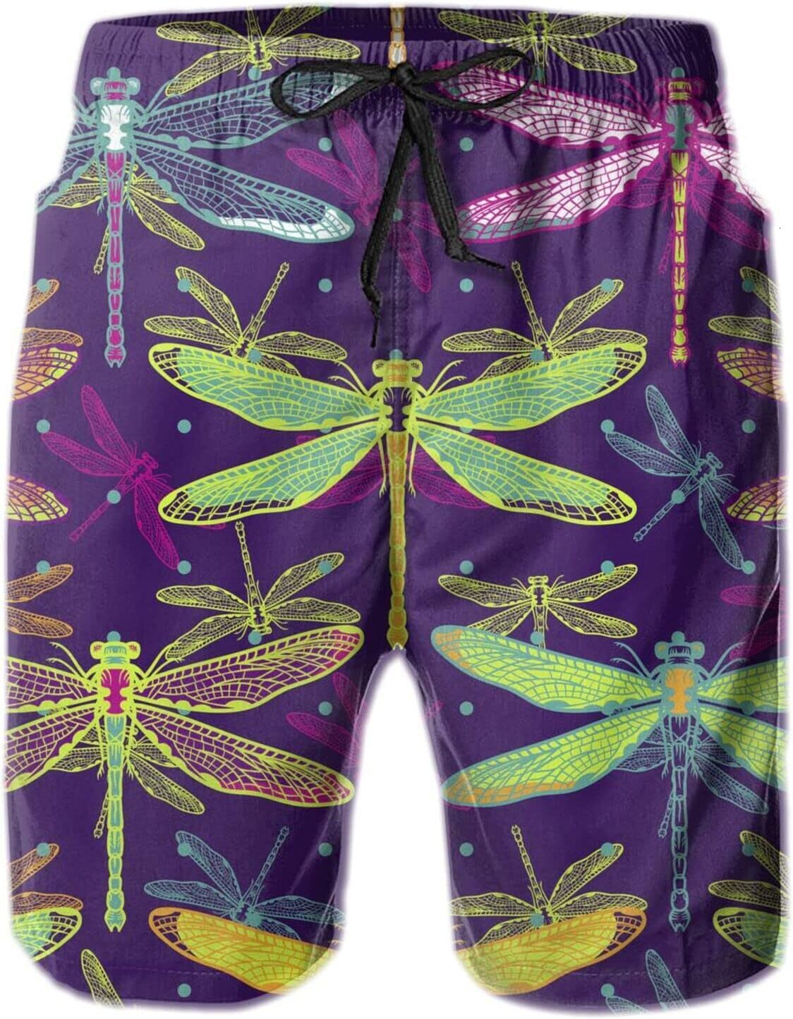 Mens Shorts 3D Printing Pattern Colorful Dragonfly Swim Trunks Quick Dry Stylish Beach Pants For Men Board Swimwear