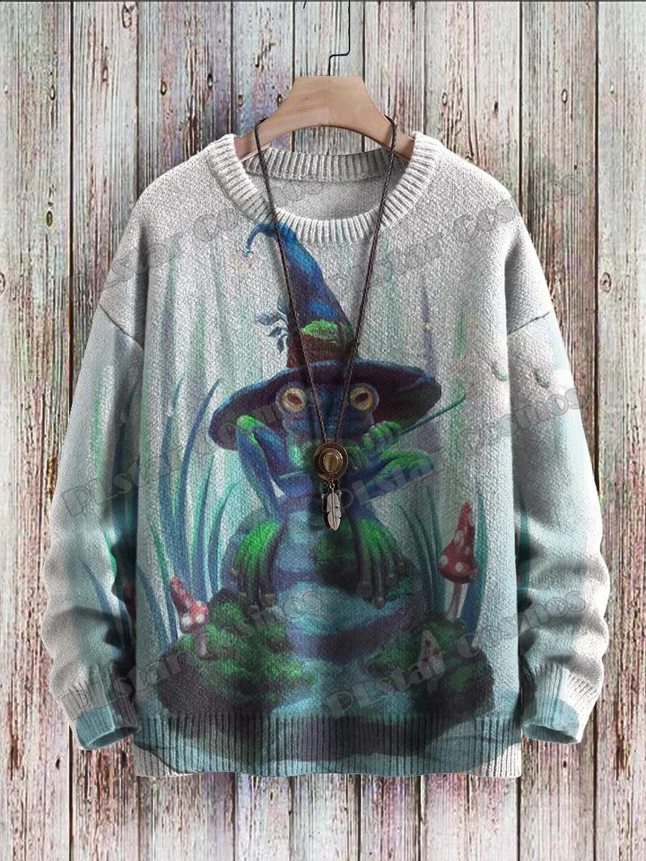 Halloween Cute Wizard Frog Magic Art Pattern 3D Printing Mens Knitted Pullover Winter Neutral Casual Knitted Pullover Sweater ZZM122 240829