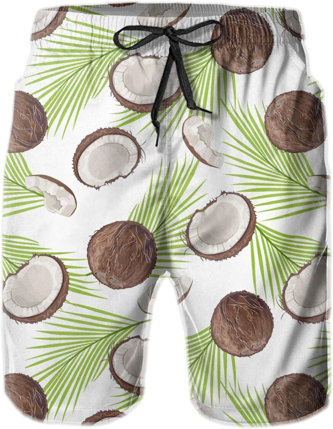 Mens Shorts 3D Printing Pattern Coconut And Leaves Swim Trunks Quick Dry Casual Beach Board Swimwear