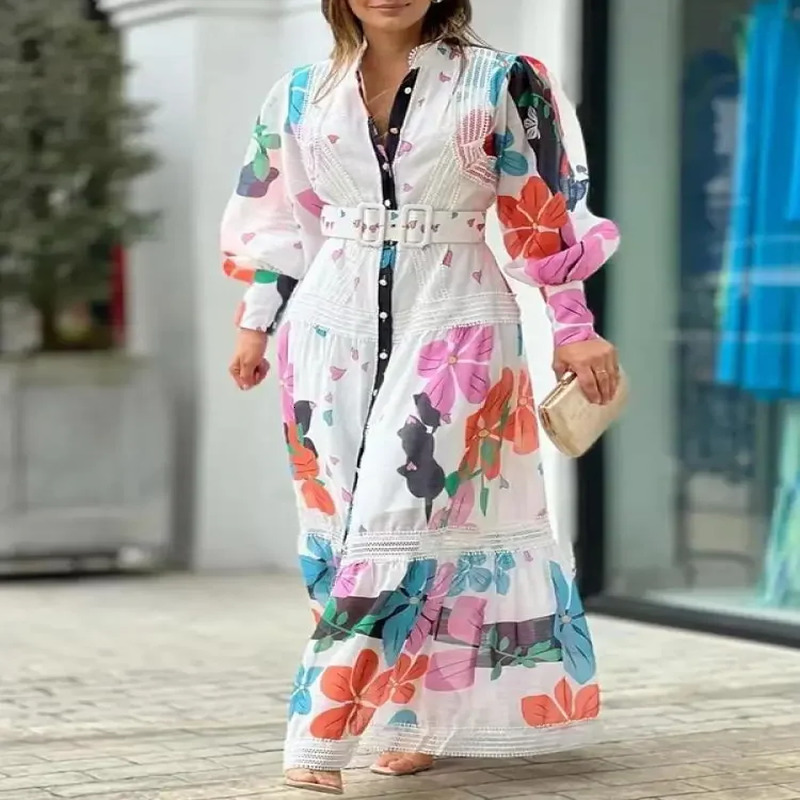 Modigirl floral print womens autumn long sleeved high neck vacation dress 240829
