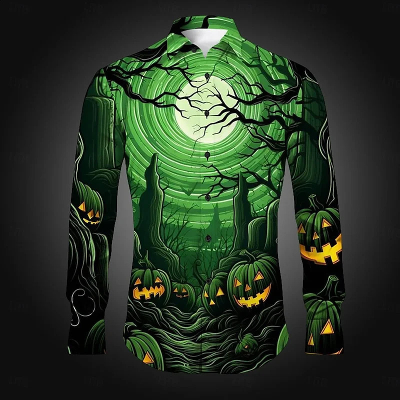 Party Magic Skeleton Mens Long Sleeve Shirt Halloween Pumpkin Bird 3D Printed Button Trend Cool Fashion Beach Party Top 240829