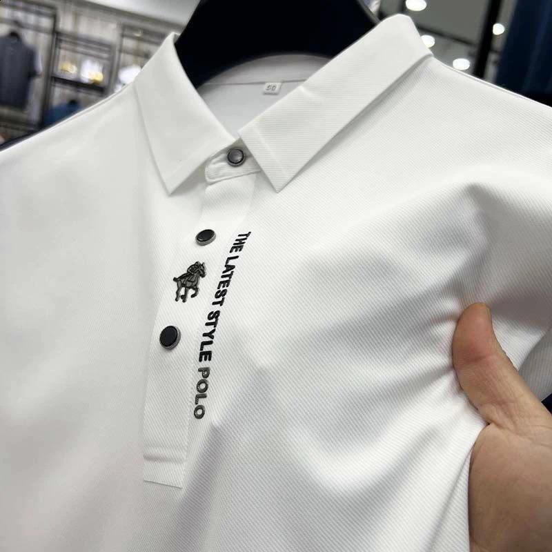 High end printed polo shirt mens short sleeved summer fashion business casual seamless ice silk breathable Tshirt 240828