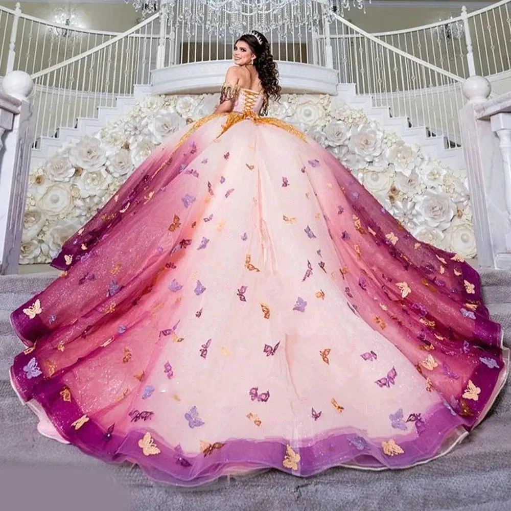 Butterflies Quinceanera Dresses 2024 Off Shoulder Lace 3D Flowers Sweet 16 15 Anos Princess Ball Gowns Birthday Prom Dress vestidos de Sweet