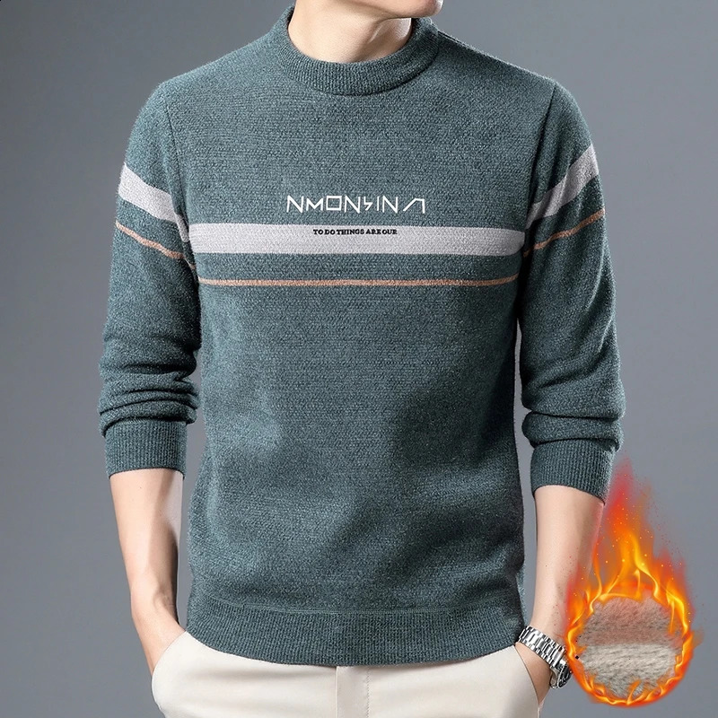Mens thick faux fur sweater round neck and letter print autumn winter mink and velvet long sleeved casual top 240829