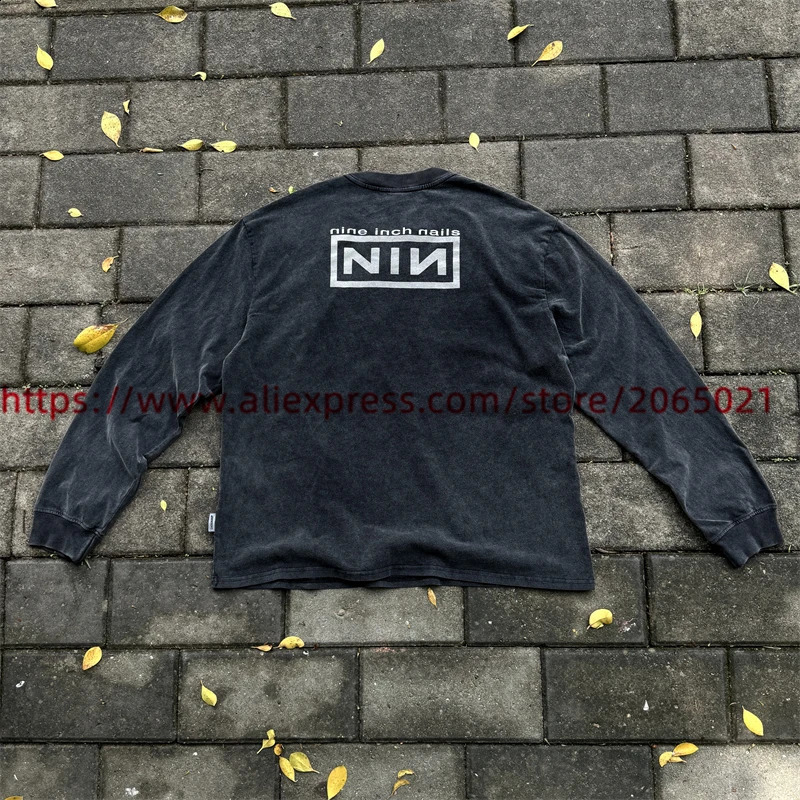 9inch nail retro long sleeved Tshirt mens top wash 240828