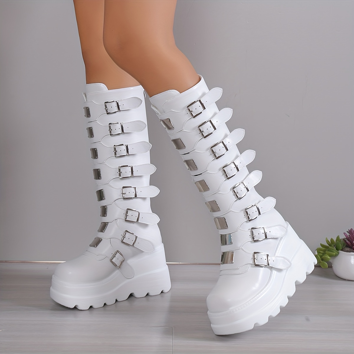 Women's wedge heel boots long boots, fashion buckle design thick sole boot, women's fashion back zipper boots carnival and music festival bo